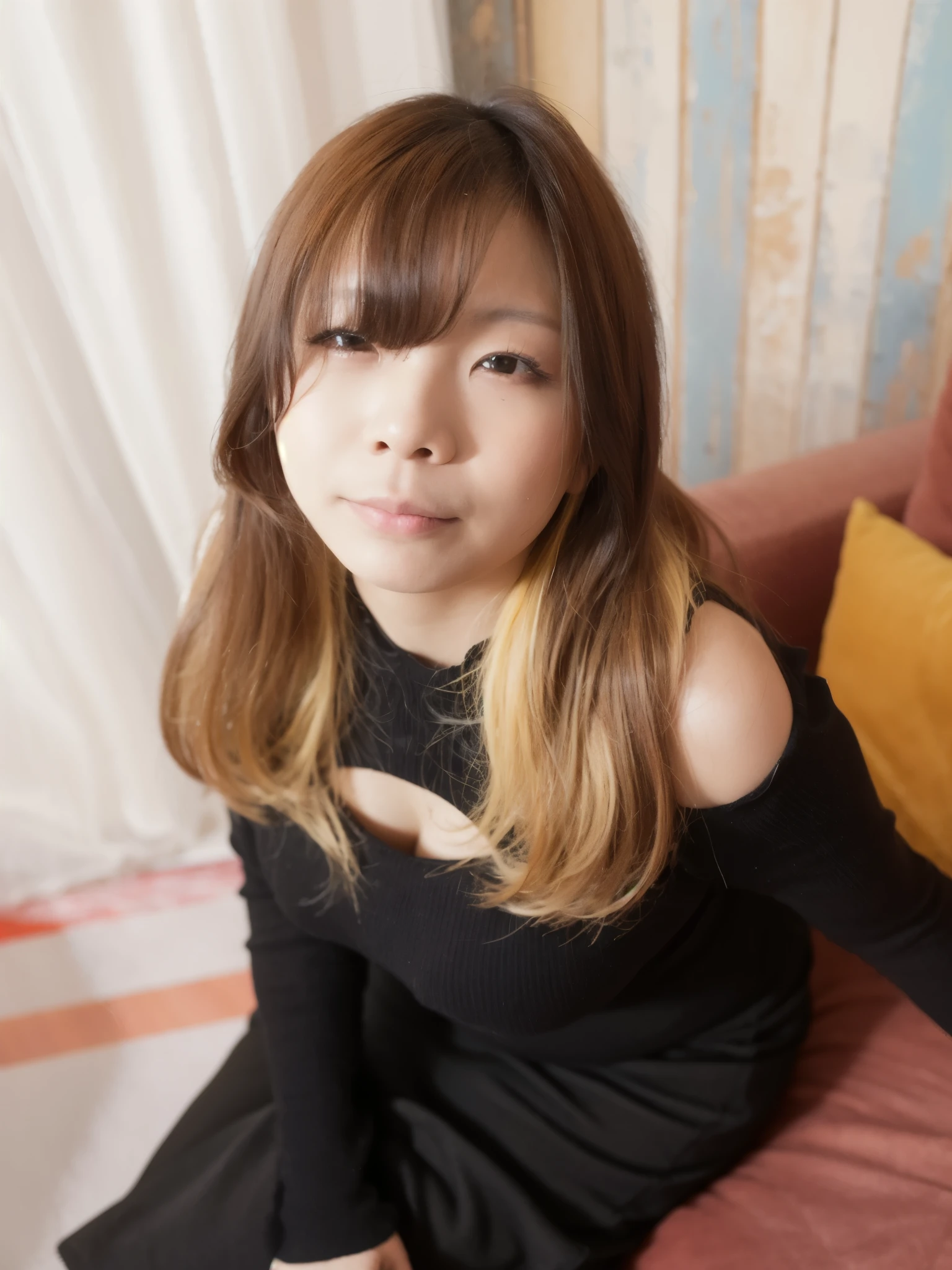 there is a woman sitting on a bed with a black dress, taken with canon eos 5 d, she is facing the camera, taken with canon 8 0 d, taken with canon eos 5 d mark iv, young cute wan asian face, sexy look at the camera, with serious face expression, taken with a canon eos 5 d, taken with a canon eos 5d