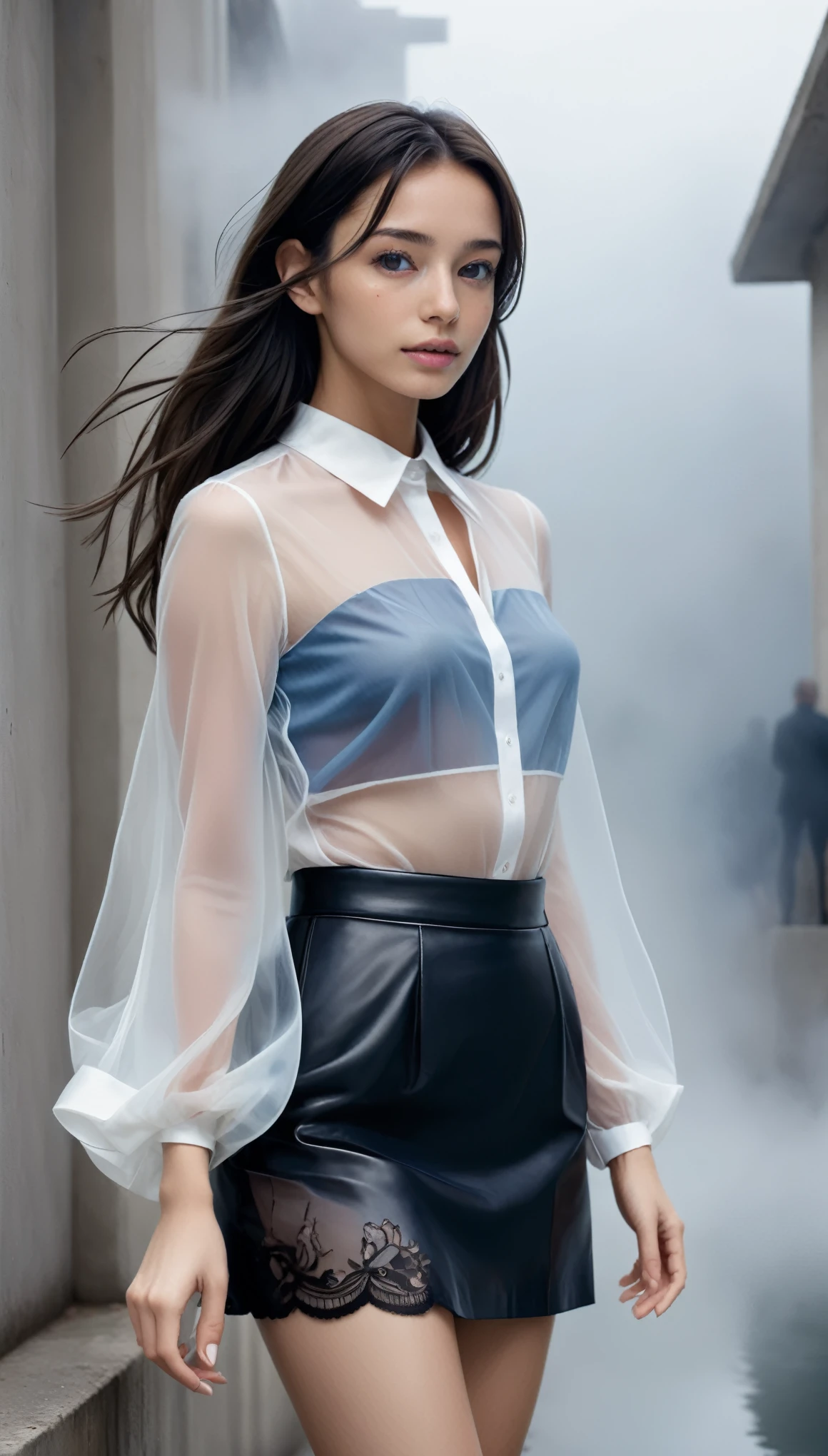 masterpiece, Best Quality, Realistic, Futuristic fashion art, 
BREAK 
beautiful young woman, ig model, render of april, (wide angle, all body shot, standing:1.6), 

BREAK 
bold exposure, (ultra slim waist, firm medium breasts, medium buttocks, beautiful sexy legs:1.2), cameltoe, exuding a sculptural beauty, White and beautiful Silky skin, thin and beautiful neck, small head,

small head, Detailed face, cute and Pretty slim face, Duck mouth, perfect beautiful Tooth, arranged gray hair, blue eyes, shiny eyes, looking viewer, 

BREAK 

Layer with a sheer white organza blouse featuring elegant floral embroidery.
Opt for a black lace skirt to enhance feminine charm.
BREAK
Accessorize subtly with silver chain bracelets and hoop earrings for an elegant touch.
Complete the look with black patent leather flat shoes featuring transparent PVC panels for graceful footwear.
BREAK
Style hair in soft, elegant waves for a light and airy impression.
Keep makeup natural, highlighting feminine allure with pink lipstick.
BREAK
Exude confidence with a poised stance, embodying the cheerful vibe of spring while expressing feminine street-chic fashion,
(in a concrete, fog, mist, Realistic black Shadow:1.9)