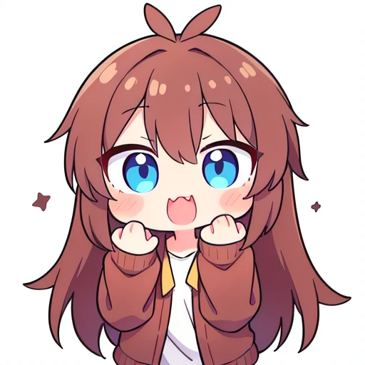 a chibi emoji of a cheeky anime girl with reddish brown long hair fishtail style, blue eyes,sharp jawline, XD face , big mouth , x eyes , hands on cheeks 