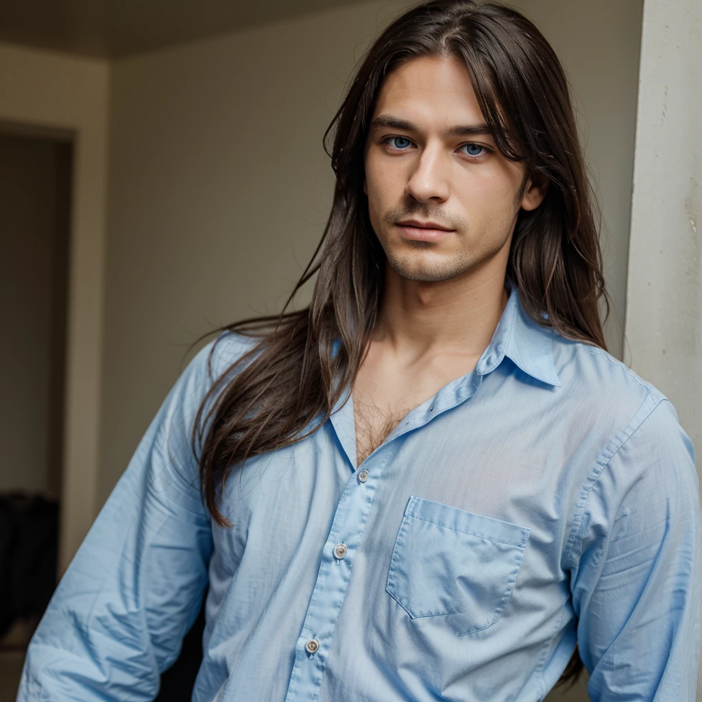 Small-eyed blue-eyed man with medium-long hair dressed casually 