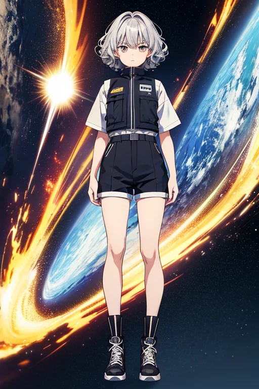 Anime Art、Full body portrait、Space SF security guard、A woman around , standing upright, about 145cm tall, wearing silver shorts、Angry、Short, curly silver hair、Flat chest、Silver Eyes、sports boots、Bulletproof vest、