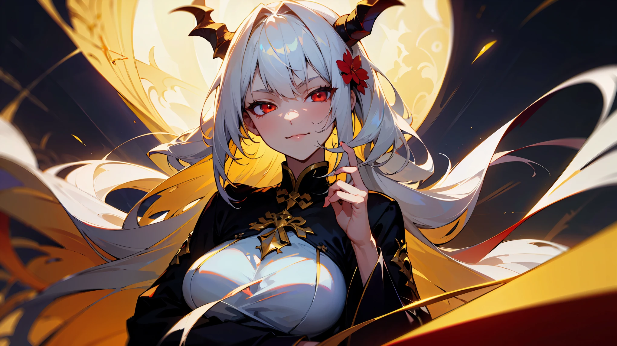 (best quality,highres,masterpiece:1.2),(flatten art:0.75), masterpiece, best quality, 1woman, Anime, darker environment, horns, long straight white hair, golden hair ornaments, white ao dai, red eyes,(detailed eyes), large breast, (delicate fingers), enticing, night, dark, looking at viewer, solo, faint moonlight, smirks