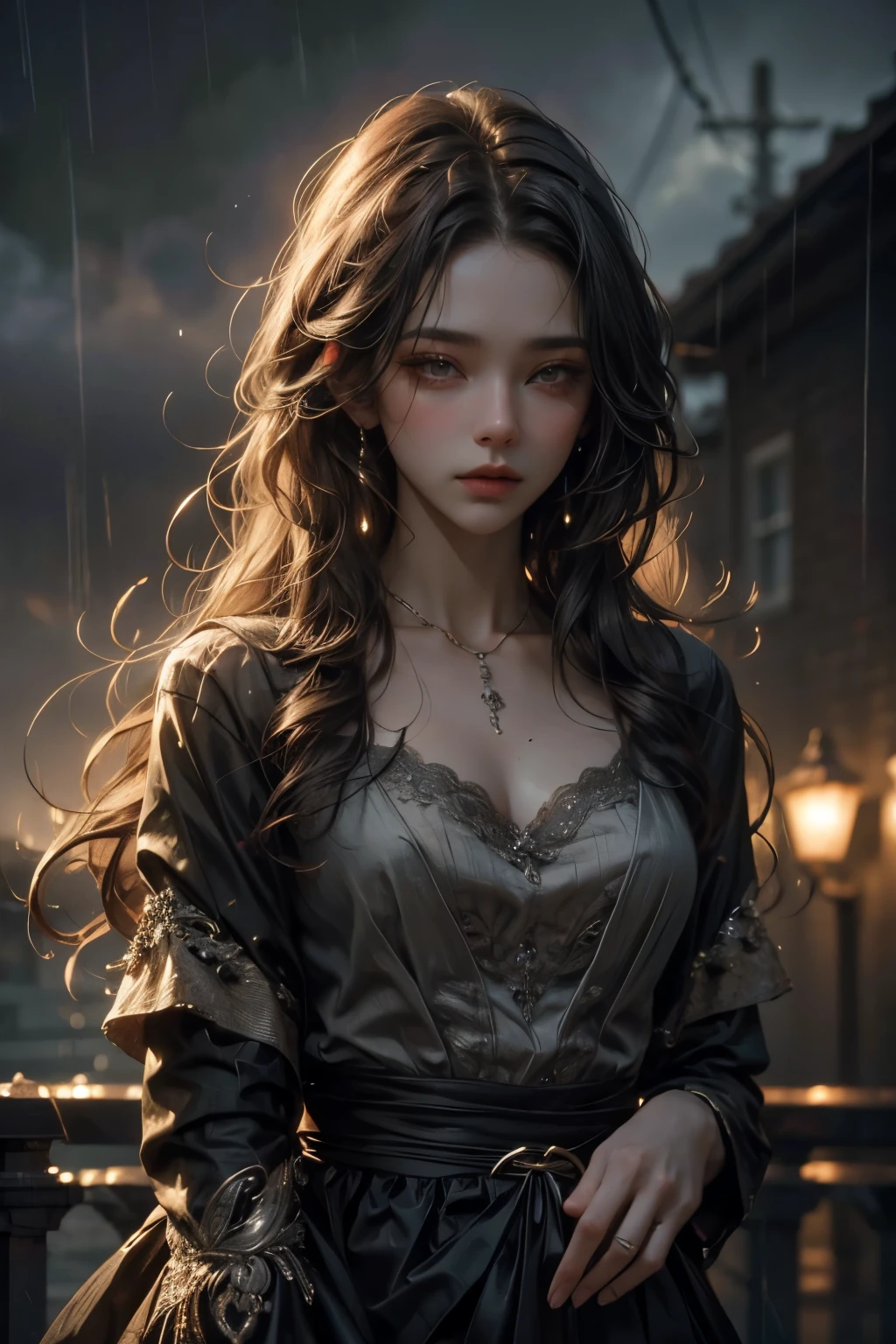 A (girl walking in the rain), beautiful intricate detailed face, elegant long dress, (sorrowful expression:1.3), (dark rainy atmosphere:1.2), moody dramatic lighting, (realistic, photorealistic, photo-realistic:1.37), (best quality, 4k, 8k, high resolution, masterpiece:1.2), ultra-detailed, muted color palette, melancholic and emotional, dramatic stormy background, (wet hair, water droplets:1.1)