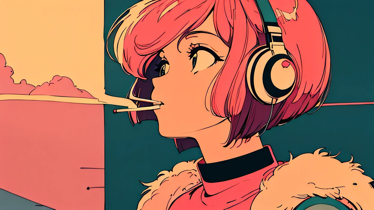 shoulder length pink Hair, fluffy bob cut, wearing headphones, Futuristic yet lofi, retro, master piece, (( side shot)),Tokyo, citypop, (( looking up )), ((Holding a cigarette)),Smoke from cigarettes, Chillout, relax
