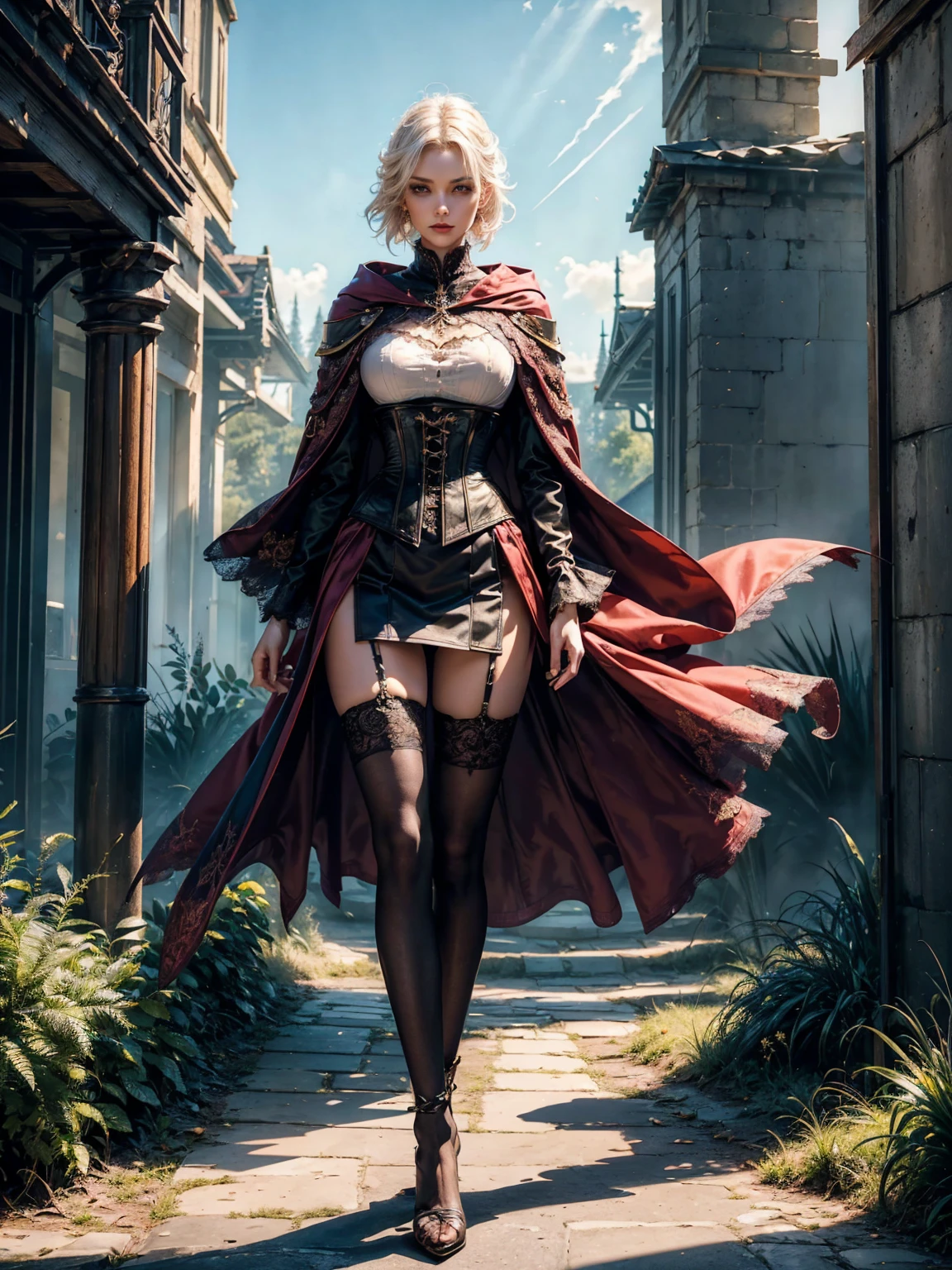 ((show full body from head to toe, standing, body facing to the viewer (show front body)). Pale skin, Tall body, fit body, slender body, medium breast. A female wizard wearing colorful clothes, long sleeves(lace sleeves), skirts, corset, cloak, robes, cape, gloves, stockings, show heels. short hair with updo. Masterpiece:1.5, illustration:1.1, best quality:1.5, fine detail, perfect detail, 4k, HDR, balance focused camera view, centered camera view, middle camera view, vertical scape camera, natural lighting, bright lighting, sunlight, daylight, sharp focus, smooth detail, HDR, big resolution. Outdoor, bright sky.