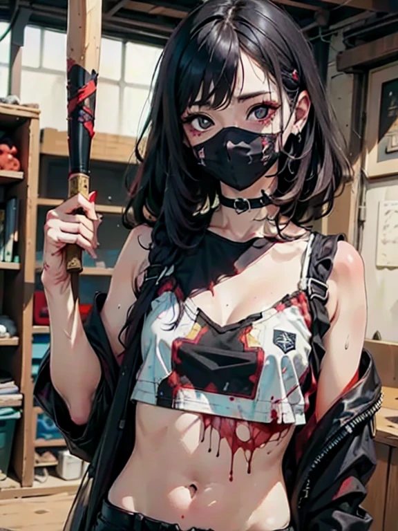 ((18-year-old punk girl,Unusual punk hair:1.3)),((Red and black punk fashion:1.5)),(Stuffed cow:1.5)Studded clothing、((He is holding a bloody baseball bat in his right hand..:1.5))、((Black backpack on the back))、(Light black and blue hair:1.5),Wacky makeup、whole body, (masterpiece), (High resolution), (Very delicate), scribble, nightmare, doll-like face, Manga style, rough sketch, Horror elements, Manga styleイラスト, Japanese painting, phantom, (Spooky), Japan sculpture, crazy illustration, antique, Dark atmosphere, Flat Illustration,Spookyな外観, Distinctive messy hairstyle, creative accessories, Unique atmosphere