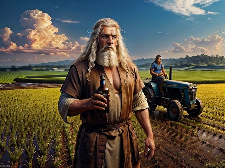 Zeus white long hair, old and strong, mole under eye, blue eyes, european face, Greco-Roman costume, thunder of God holds a bottle of brown liquor. He stands amidst a rice field, where a buffalo grazes, and a tractor is parked nearby.