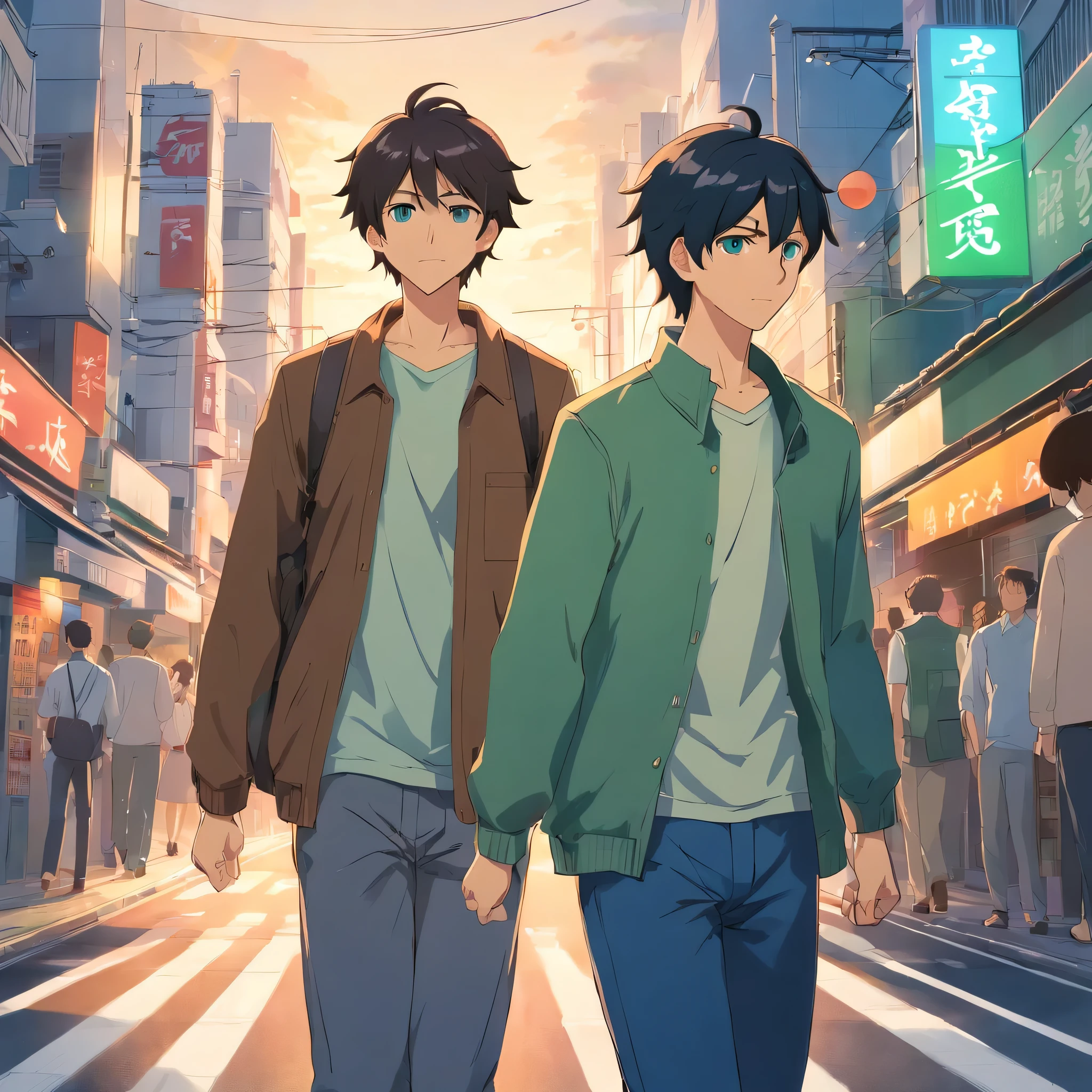 two guys walking down a street in tokyo, having fun, one black hair blue eyes, second brown long hair green eyes
