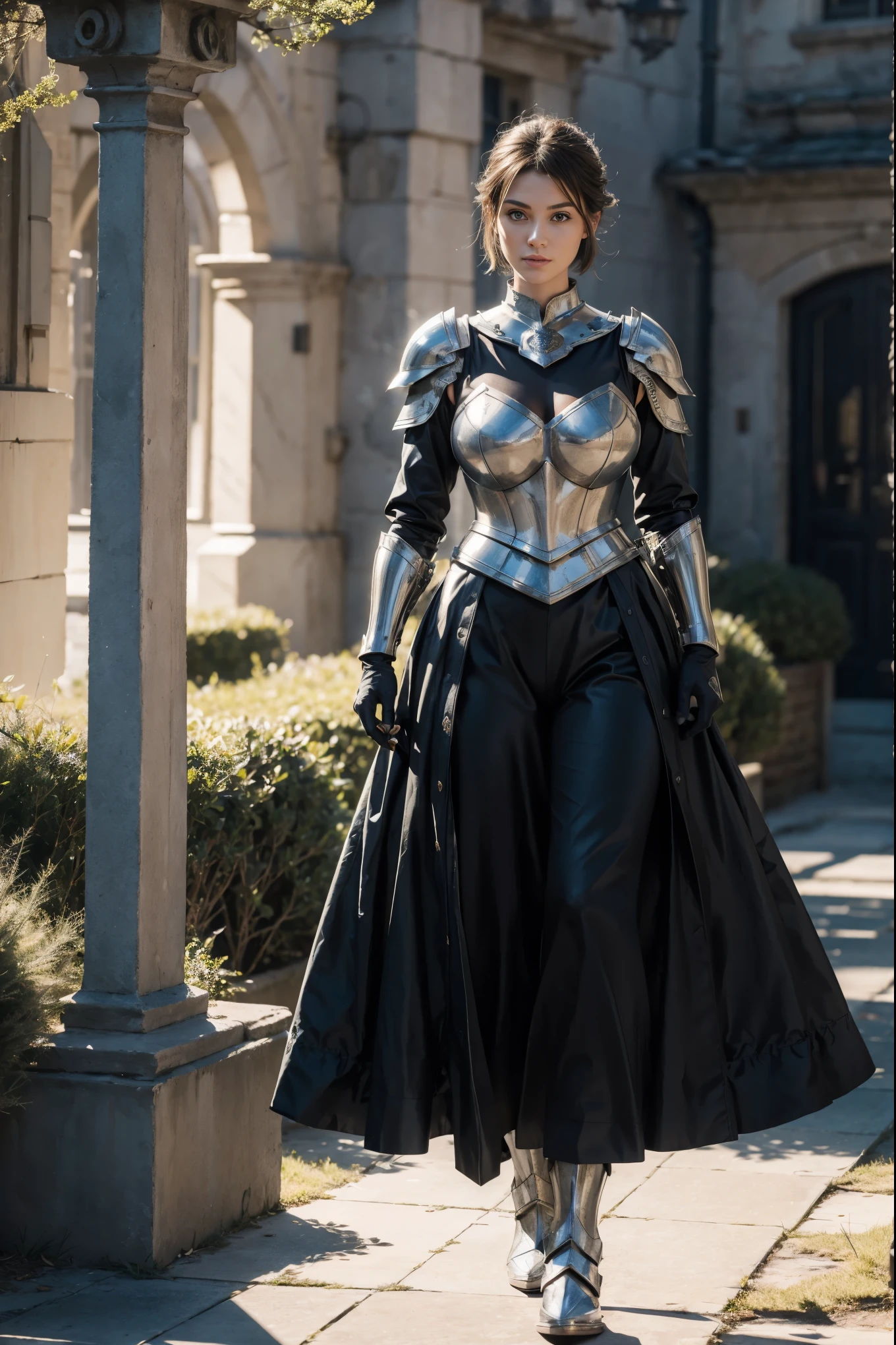 (Shooting from front), (standing), (show full body from head to toe), (full body), (tall girl), 1 girl, 8k, best quality, highres, realistic, real person, ultimate-realistic, ultimate-realistic details, ultimate-realistic texture, realistic light source (full big breasts), (big round breasts), (tall body), A fierce and beautiful female knight with short hair facing to the viewer, wearing shining, form-fitting armor, wearing pants. show steel boots. (updo:1.2), (steel armor:1.1), little pattern armor, skinny (Gorget Plackart pauldron :1.3), (gloves). The background shows grassland and bright sky.