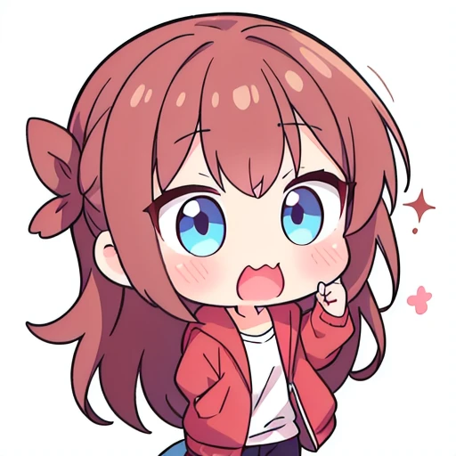 a chibi emoji of a cheeky anime girl with reddish brown long hair fishtail style, blue eyes,sharp jawline, surprised , blushing pink , open mouth, ahhh