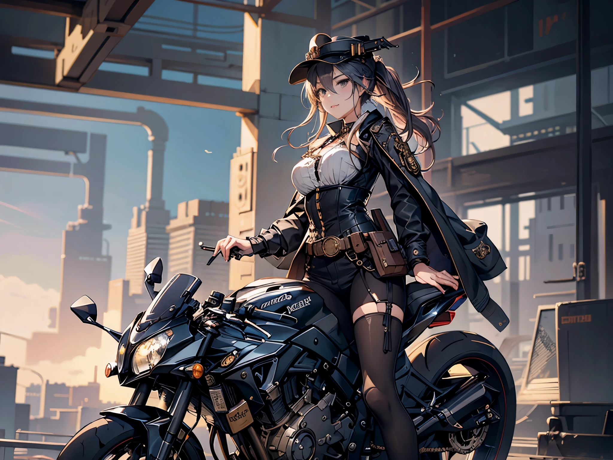 (Line art_anime),(Cowboy Shot, highest quality, ),(Photo by Laura Budd:1.2),(Laura Add details:1.0),8K, Flat Color:0.8,Dynamic Angle,1 girl,smile、(On a steampunk motorcycle:1.5)、An elaborately decorated motorcycle、(Highly decorative and complex mechanical steampunk fashion, lace flare dolphin hat、goggles 1.5、machinery background、Gear background、Intricately mechanized steampunk cityscape 1.5),