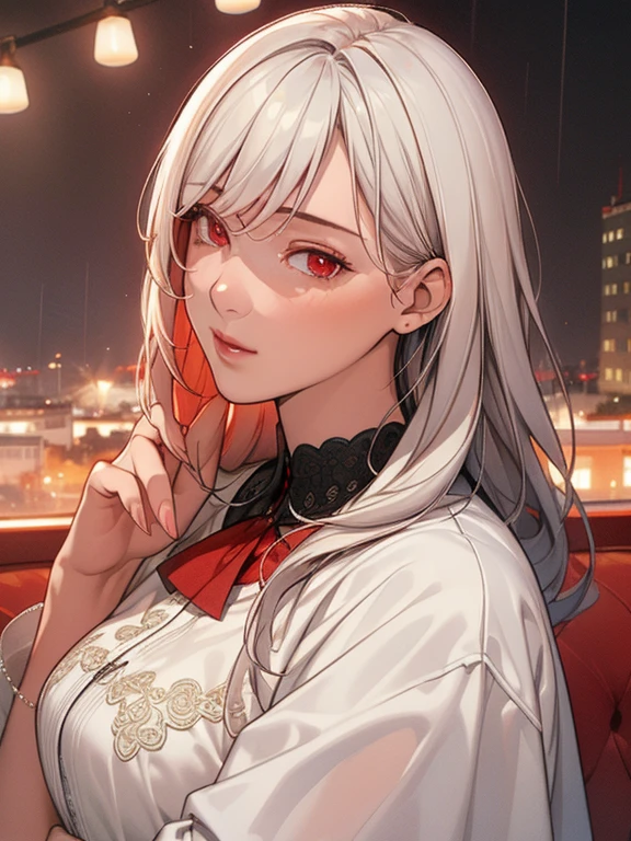 masterpiece, highest quality, Very detailed, Lightning in the movie, Intricate details, High resolution, Official Art, Beautifully detailed face and eyes, High resolutionのイラスト, 8k, Depth of written boundary, Bokeh, alone, One girl, A girl with white hair and red eyes, Long white hair, Beautiful red eyes, Beautiful Landscape, Rainy Town, Upper Body, View your viewers, close