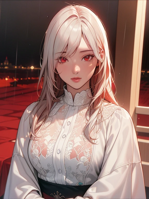 masterpiece, highest quality, Very detailed, Lightning in the movie, Intricate details, High resolution, Official Art, Beautifully detailed face and eyes, High resolutionのイラスト, 8k, Depth of written boundary, Bokeh, alone, One girl, A girl with white hair and red eyes, Long white hair, Beautiful red eyes, Beautiful Landscape, Rainy Town, Upper Body, View your viewers, close