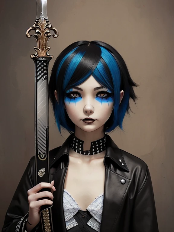 ((18-year-old punk girl,Unusual punk hair:1.3)),((Blue and white British punk fashion:1.5)),(Light black and blue hair:1.5、Long Bangs:1.5、short hair)Studded clothing、((Holding a sword in his right hand:1.5))、((Small backpack on the back))、（Narrow and small eyes）,Wacky makeup、Breast augmentation, (masterpiece), (High resolution), (Very delicate), nightmare, doll-like face, Manga style, Horror elements, Manga styleイラスト, Japanese painting, phantom, (Spooky), Japan sculpture, crazy illustration, antique, Dark atmosphere, Flat Illustration,Spookyな外観, Unique atmosphere
