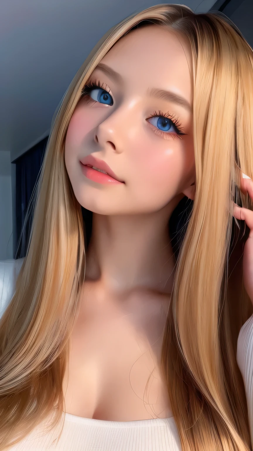 Unparalleled beauty, Glossy, radiant and firm skin, Bangs between the eyes, Shiny straight beautiful natural platinum blonde, Super long straight silky hair, Eyeliner, Sexy, beautiful and innocent 15 year old, Big beautiful bright blue eyes in high definition, Beautiful and lovely girl, ((Huge boobs))、((Erotic、sexy、Ultra-high resolution、The lighting is bright、A natural and precise hand))、hair over eyes、hair over one eye、hair between eyes、Small Face Beauty、Round face