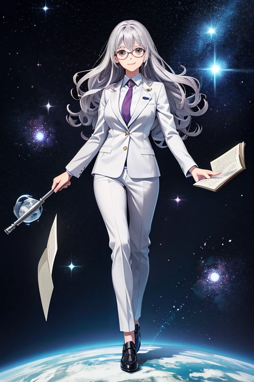 Anime Art、Full body portrait、Space SF Teacher、A woman, about 46 years old, standing upright, about 170cm tall, wearing a silver office suit and holding a stick and a book in her hands、Glasses、Smiling、Long, curly silver hair、Silver Eyes、loafers