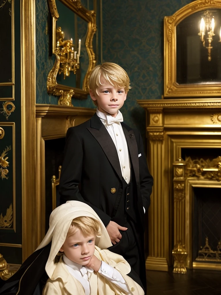 A  crying blond boy with blue eyes very white skin very beautiful and tender face in a large and elegant room with elegant dark male London clothes at night next to a large and elegant fireplace next to a large pendulum clock