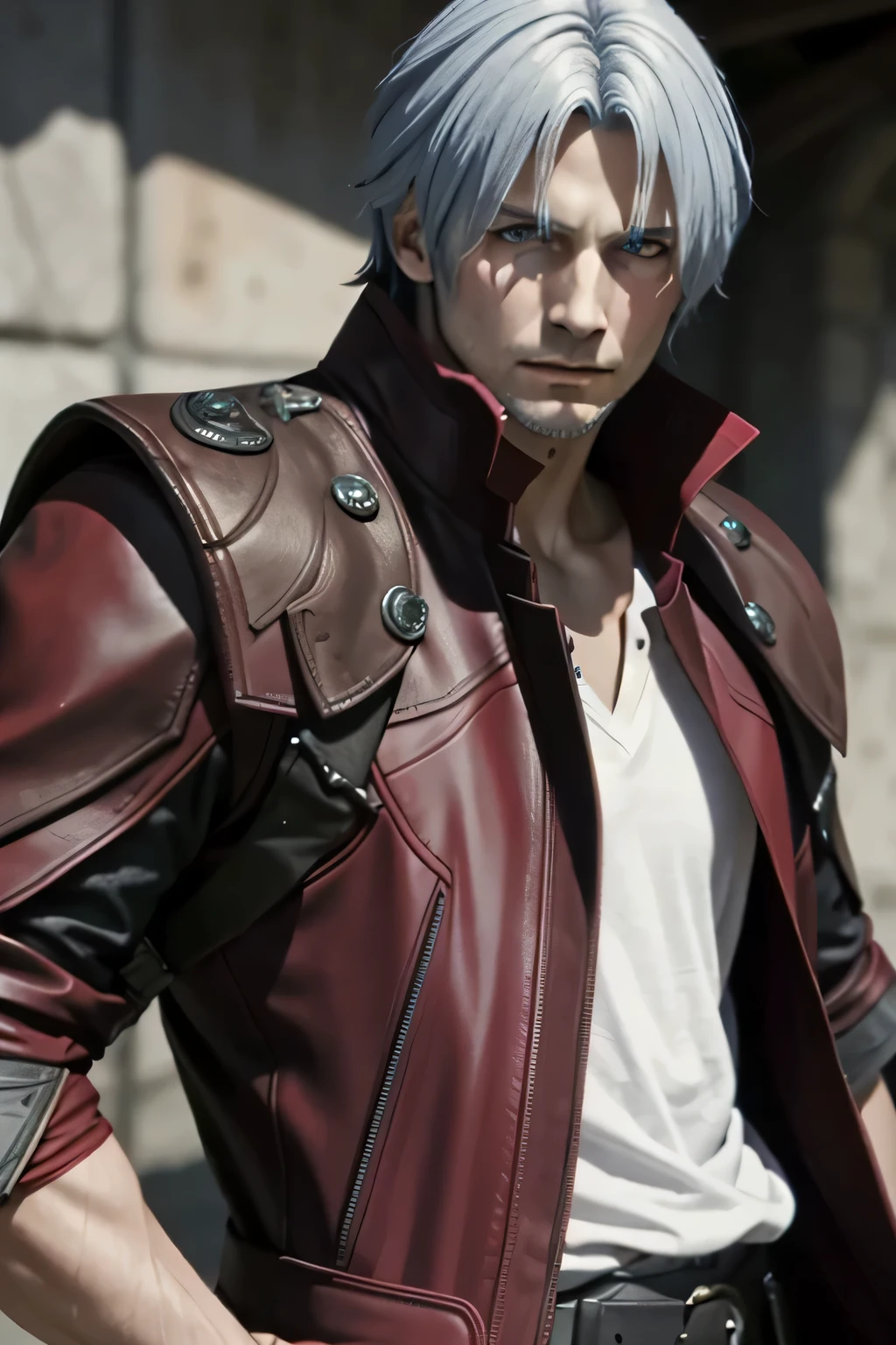 (masterpiece, best quality)
1boy, DanteDevil5, male focus, dante \(devil may cry\), solo, facial hair, blurry background, coat, realistic, blurry, jacket, sleeves rolled up, stubble, zipper, blue eyes, looking at viewer, closed mouth, upper body, red coat, shirt, white hair