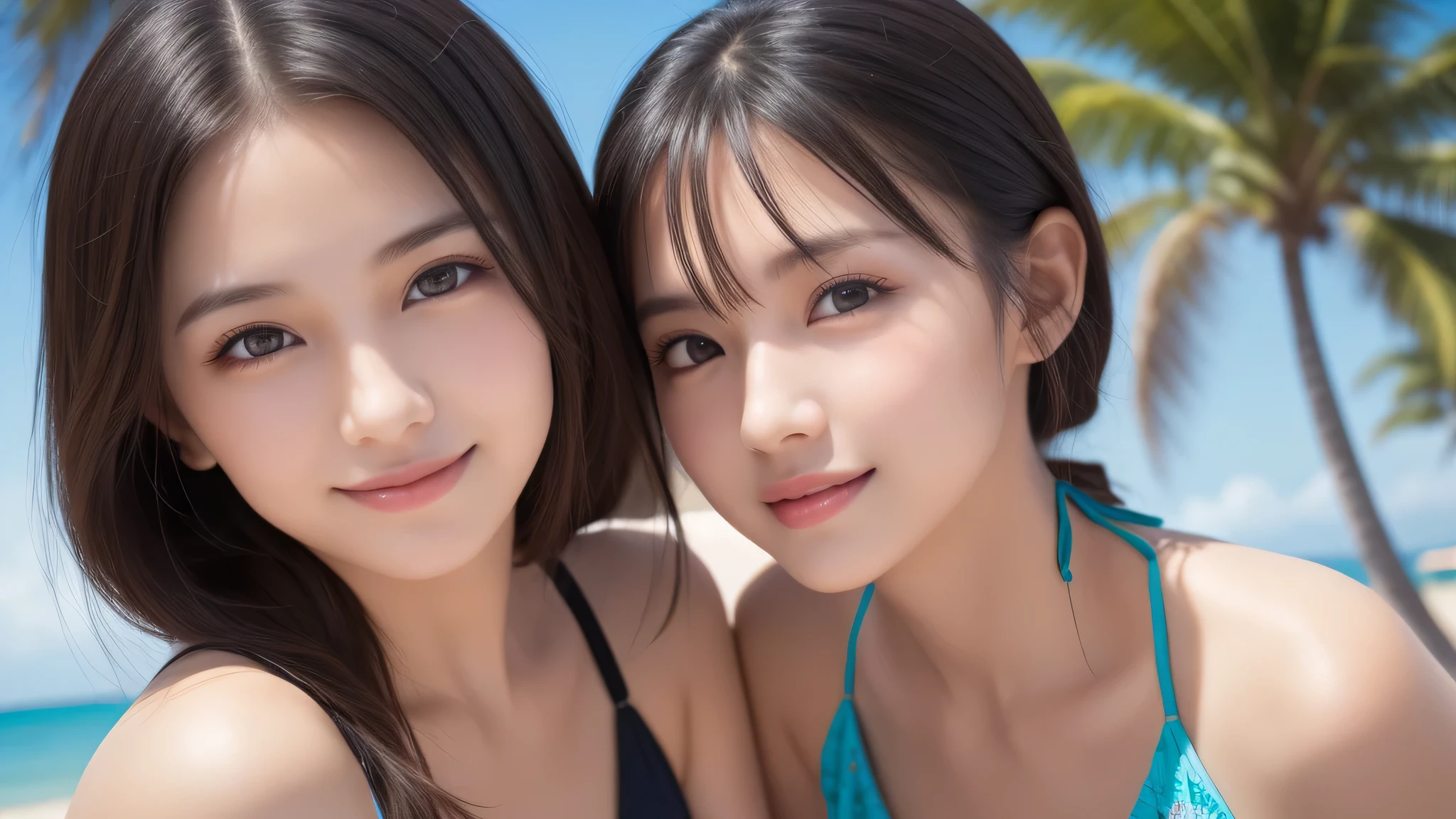 (2girl), enchanting smile, (extremely detailed beautiful face), (highly detailed eyes, highly detailed face), (bikini), Fresh, very clean appearance, (best Quality:1.4), (hyper-realistic, hight resolution), Professional Photography, beach, palm trees, standing, Outdoors, (beach), beautiful bule sky, backlit, Close up portrait of girl, staring at me,