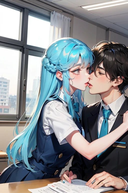 A girl with light blue long hair wears her office uniform
She kisses a man
