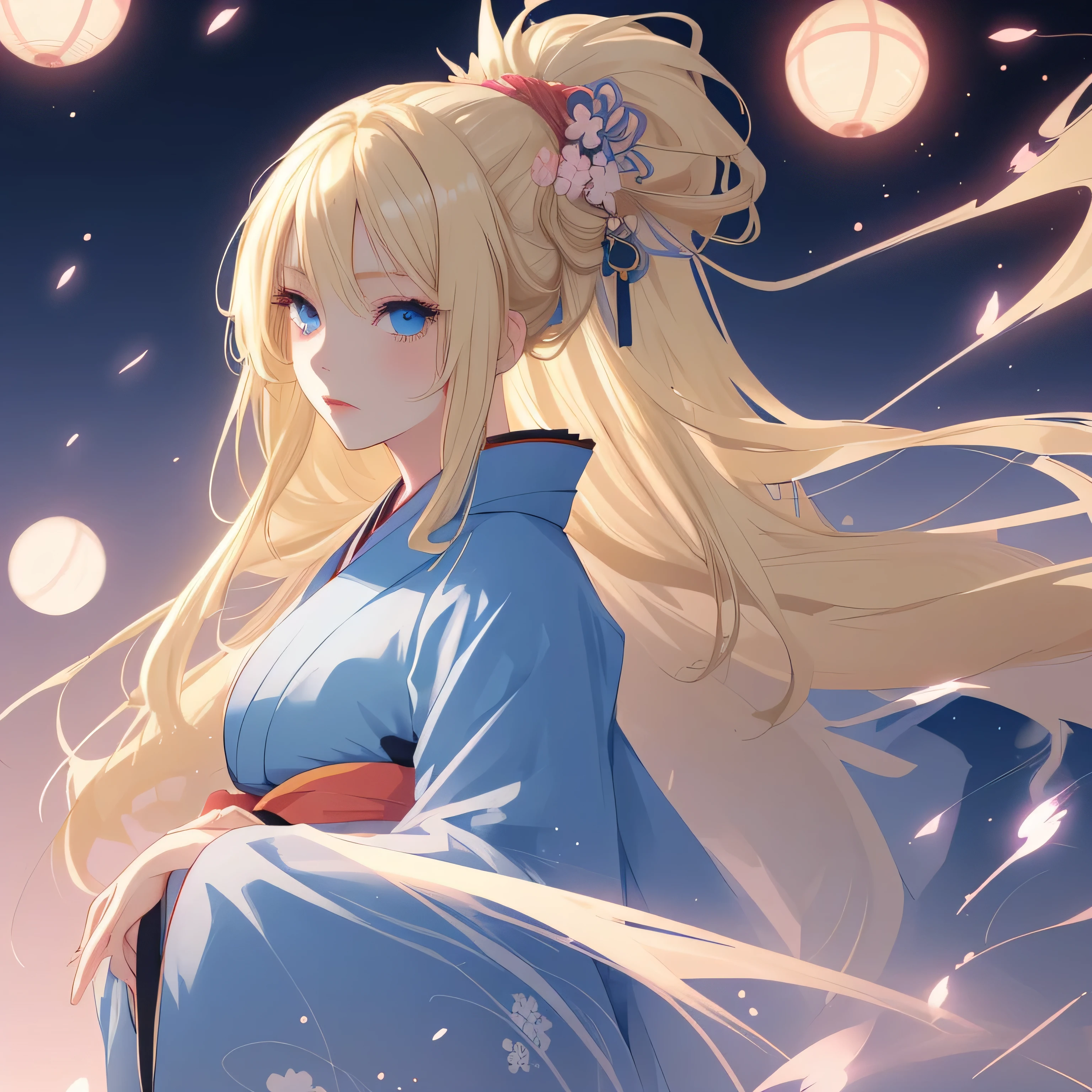 Anime, woman, long light blonde hair, blue eyes, kimono