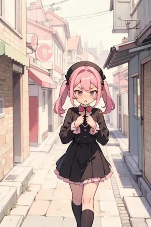 walking down the street and looking into an alley,
and in the background in the distance you can see a girl with pink hair, long double-tailed hairstyle ((small bushy pink eyebrows)), dressed in lolita clothes, marked vagina, lolicon drawing style (Zankuro) by the zankuro artist, Zancro style, image uploaded in R34, sucking penis in an alley, deep throat, cum bubbling out of her mouth,