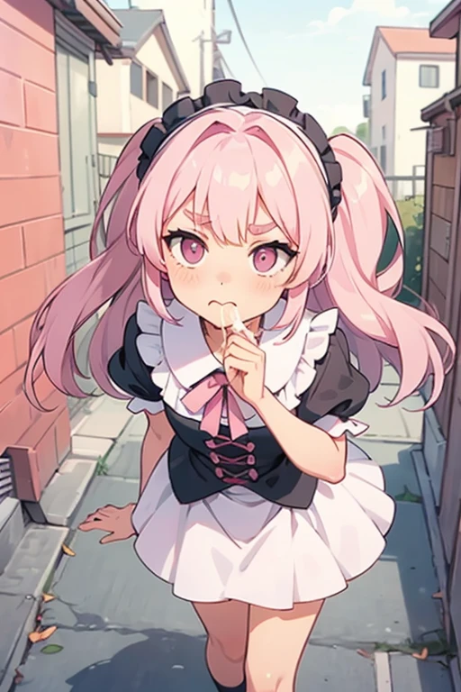 Girl with pink hair, long double-tailed hairstyle, ((small pink bushy eyebrows)), dressed in lolita clothes, marked vagina, lolicon (Zankuro) drawing style by zankuro artist, Zancro style, image uploaded to R34, sucking a penis  deep throat, ( well defined penis) cum bubbling out her mouth, in a street , looking above