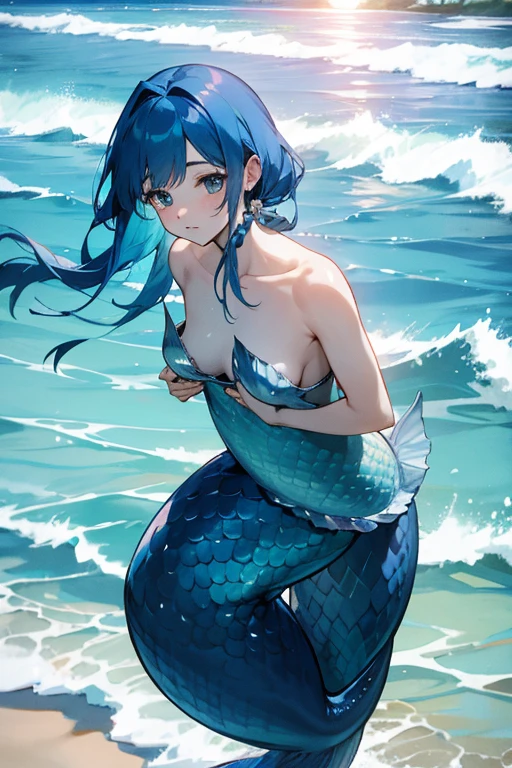 mermaid、Blue Hair、The chest is large、Too much exposure、Ocean