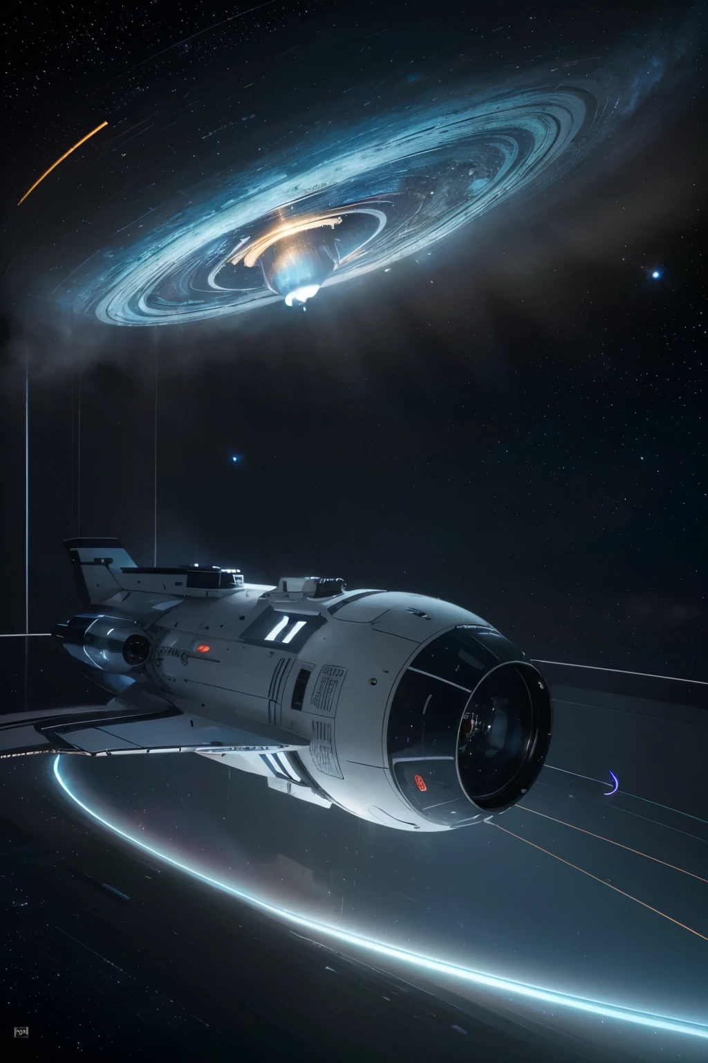 (best quality,4k,8k,highres,masterpiece:1.2),ultra-detailed,(realistic,photorealistic,photo-realistic:1.37),spaceship,white and blue chrome,metallic reflection,sci-fi style,neon lights,starlit background,luxurious interior design,glistening surfaces,advanced technology,glowing control panels,smooth lines,sleek appearance,engine exhaust trails,outer space exploration,awe-inspiring view,vivid colors,celestial bodies,groundbreaking propulsion system,global positioning system,zero-gravity experience,intense excitement.
