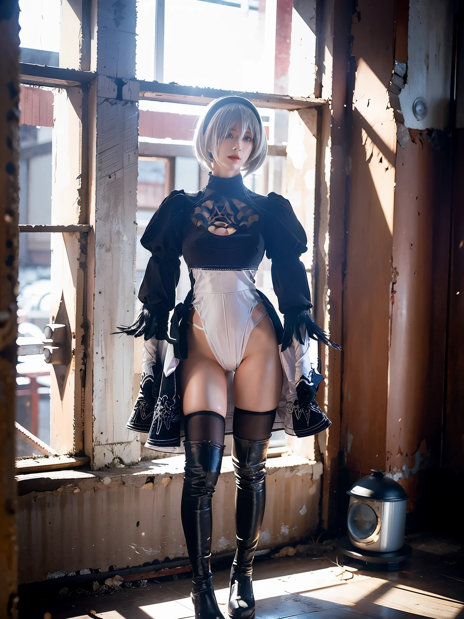 8K,Masterpiece,One woman,japanese sword,Smile,30 years old,blue eyes,White Hair,Short Bob Hair,(Gothic Lolita),Dutch beauty,Ella Freya（Ella Freya),(White panties),2b, short hair, Knee socks, gloves, Long sleeve, dress, Slender figure, Cleavage, Small breasts, Gray Hair, hair band, boots, Puffy sleeves, black Knee socks, Black footwear, Mole, black dress, High heels, leotard, Clothing cutouts, thigh boots, Cleavage cutout, black hair band, Juliet Sleeve, high heel boots,Dynamic Angle,Panty Shot