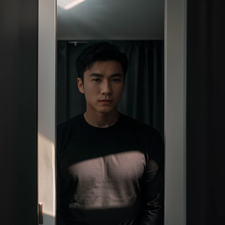 （Handsome Chinese man：1.5）By the window，hand by window，High quality，really，Wear a black shirt.，Looking directly into the lens，feeling of atmosphere，Jay C