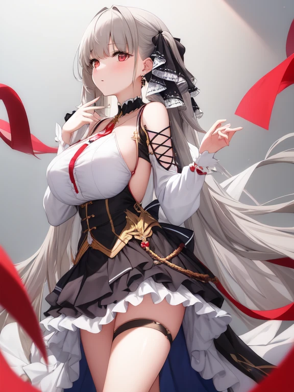 (masterpiece, Best quality1.2),illustration,8k,HD,1 Girl,Solitary,hands up,(portrait:1.2),long_hair,Large target_breast,Red_Eye,Very_long_hair,Bangs,Double tail,ribbon,grey_hair,cleveage,hair_ribbon,Two-color_ribbon,between_breast,Black_skirt,skirt,decorate,only_Shoulder,Frilly_skirt,long_sleeve,Two-color_skirt,jewelry,earrings,