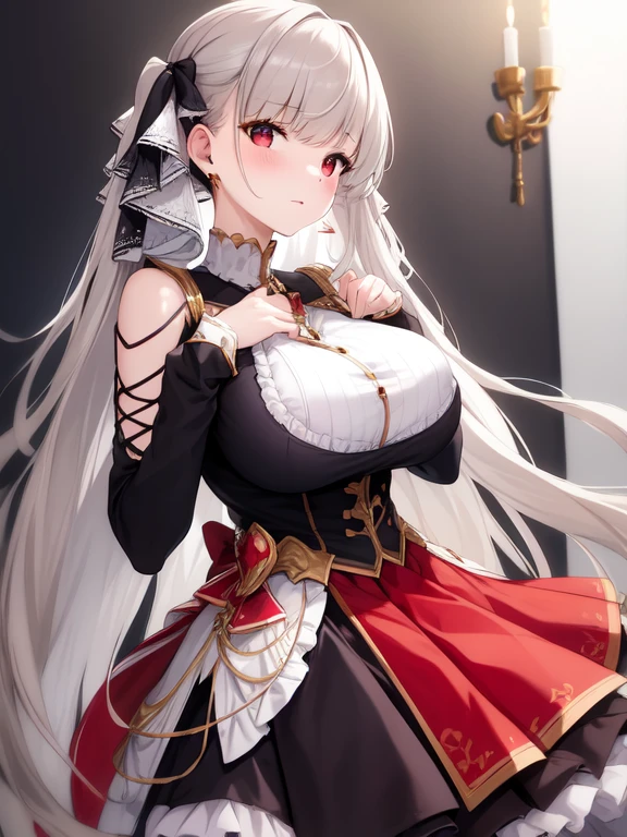 (masterpiece, Best quality1.2),illustration,8k,HD,1 Girl,Solitary,hands up,(portrait:1.2),long_hair,Large target_breast,Red_Eye,Very_long_hair,Bangs,Double tail,ribbon,grey_hair,cleveage,hair_ribbon,Two-color_ribbon,between_breast,Black_skirt,skirt,decorate,only_Shoulder,Frilly_skirt,long_sleeve,Two-color_skirt,jewelry,earrings,