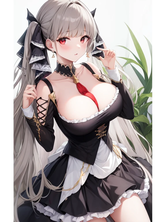 (masterpiece, Best quality1.2),illustration,8k,HD,1 Girl,Solitary,hands up,(portrait:1.2),long_hair,Large target_breast,Red_Eye,Very_long_hair,Bangs,Double tail,ribbon,grey_hair,cleveage,hair_ribbon,Two-color_ribbon,between_breast,Black_skirt,skirt,decorate,only_Shoulder,Frilly_skirt,long_sleeve,Two-color_skirt,jewelry,earrings,