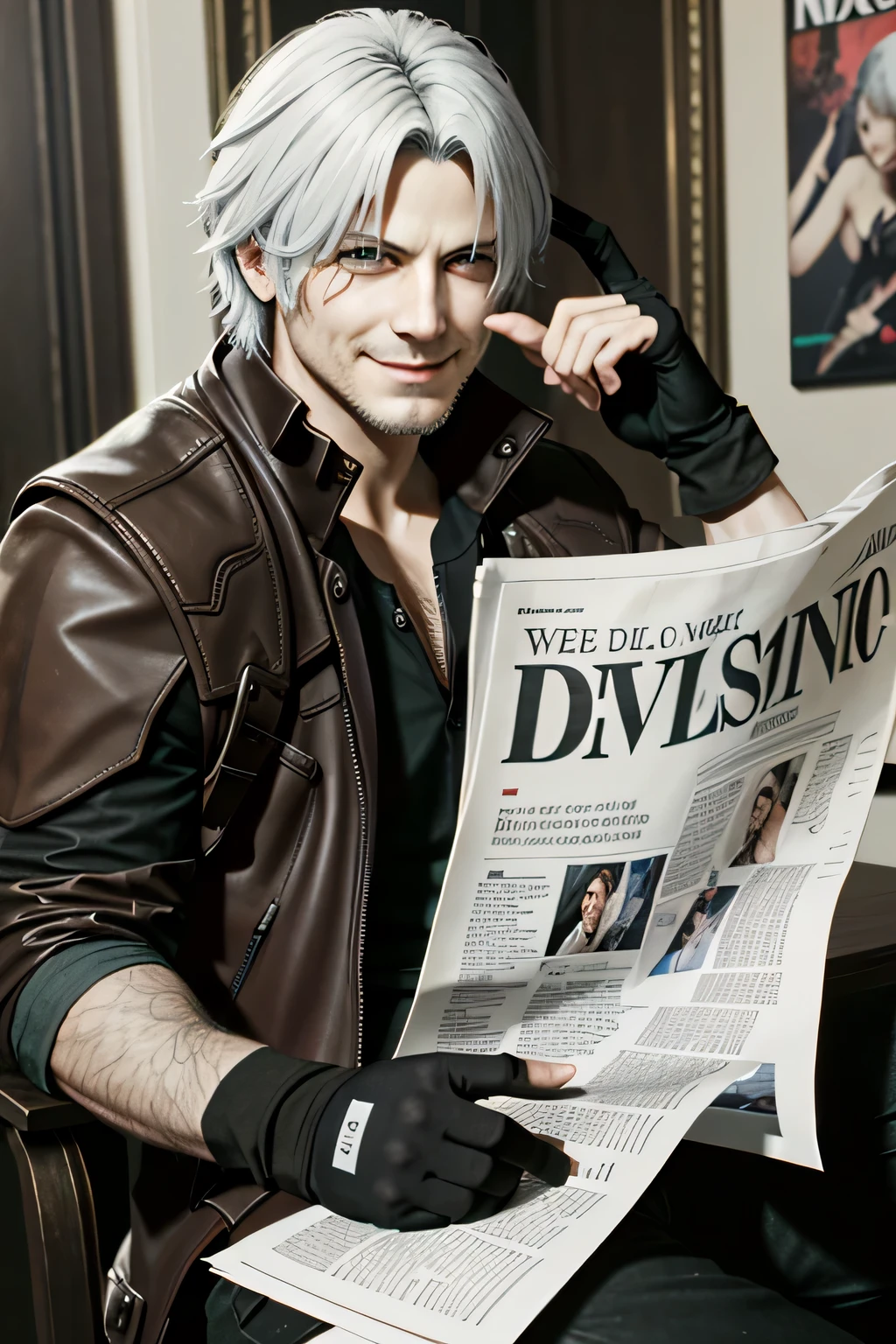 (masterpiece, best quality)
1boy, DanteDevil5, male focus, solo, dante \(devil may cry\), gloves, fingerless gloves, realistic, facial hair, hair over one eye, magazine \(object\), newspaper, smile, beard, white hair
