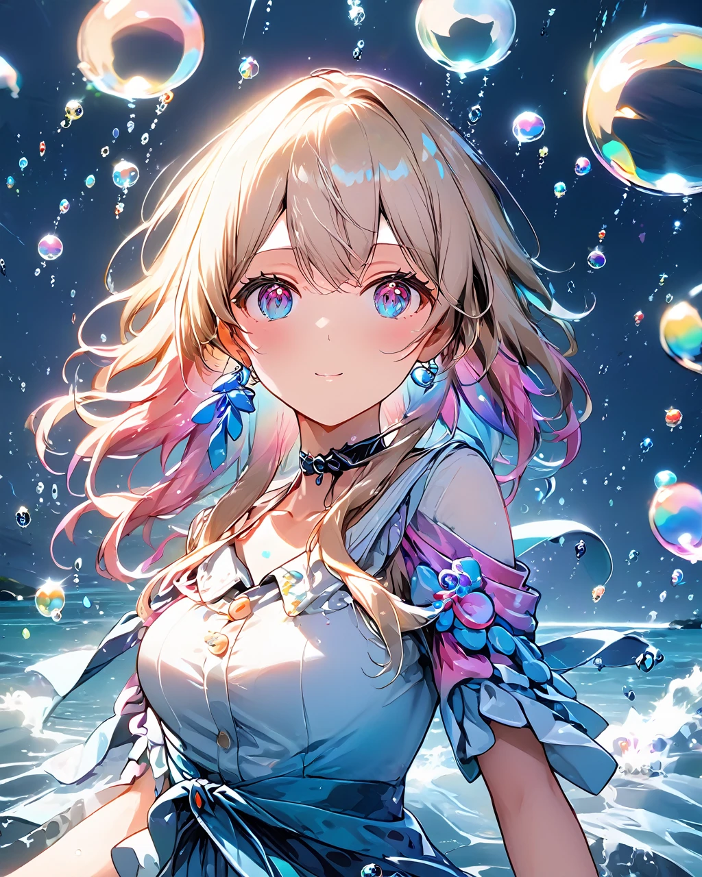 8k,detailed anime style,close shot,a cute girl with floating hair,standing in water,upper body,looking at viewer,surrounded by colorful bubbles,shining,shadows,
march 7th,