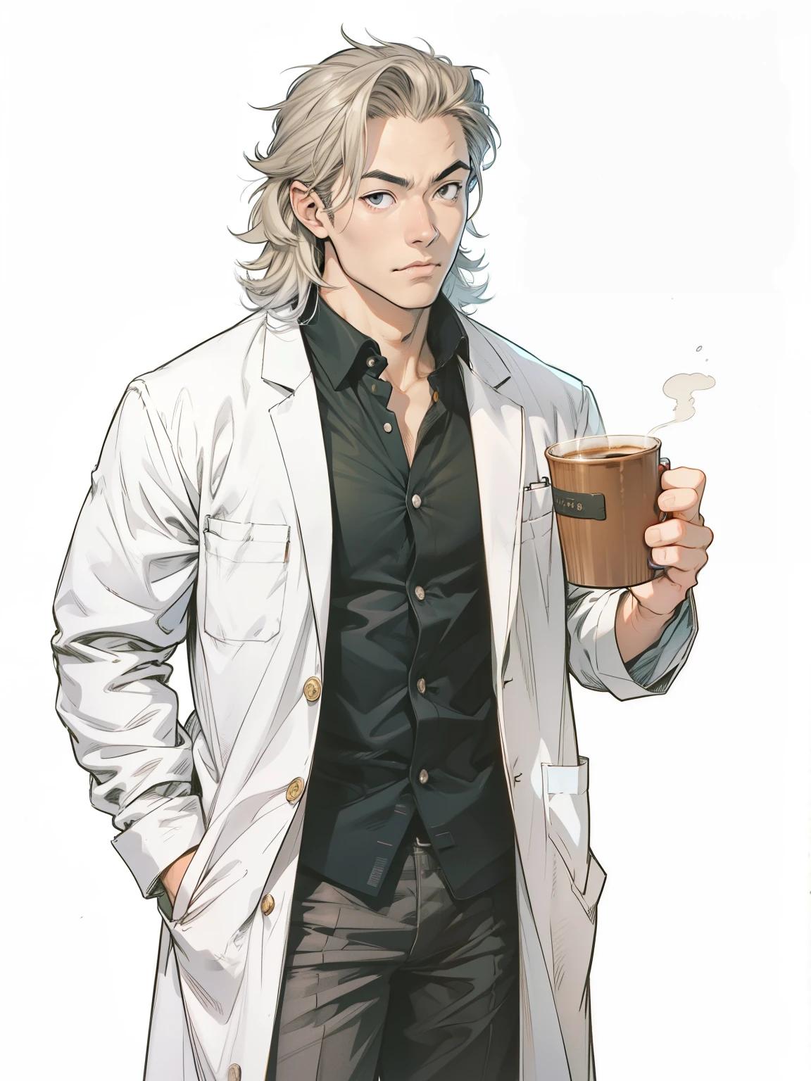 Anime character with a cup of coffee in hand, Shigenori Zoejima illustration, official character illustration, (doctor), Kazuya Tsurumaki, doctor, Kentaro Miura's manga art style, Kazuya Takahashi, Kentaro Miura's art style, Full-body character images, Artwork by Ryuta Ueda, !! Takeshi Amano!!