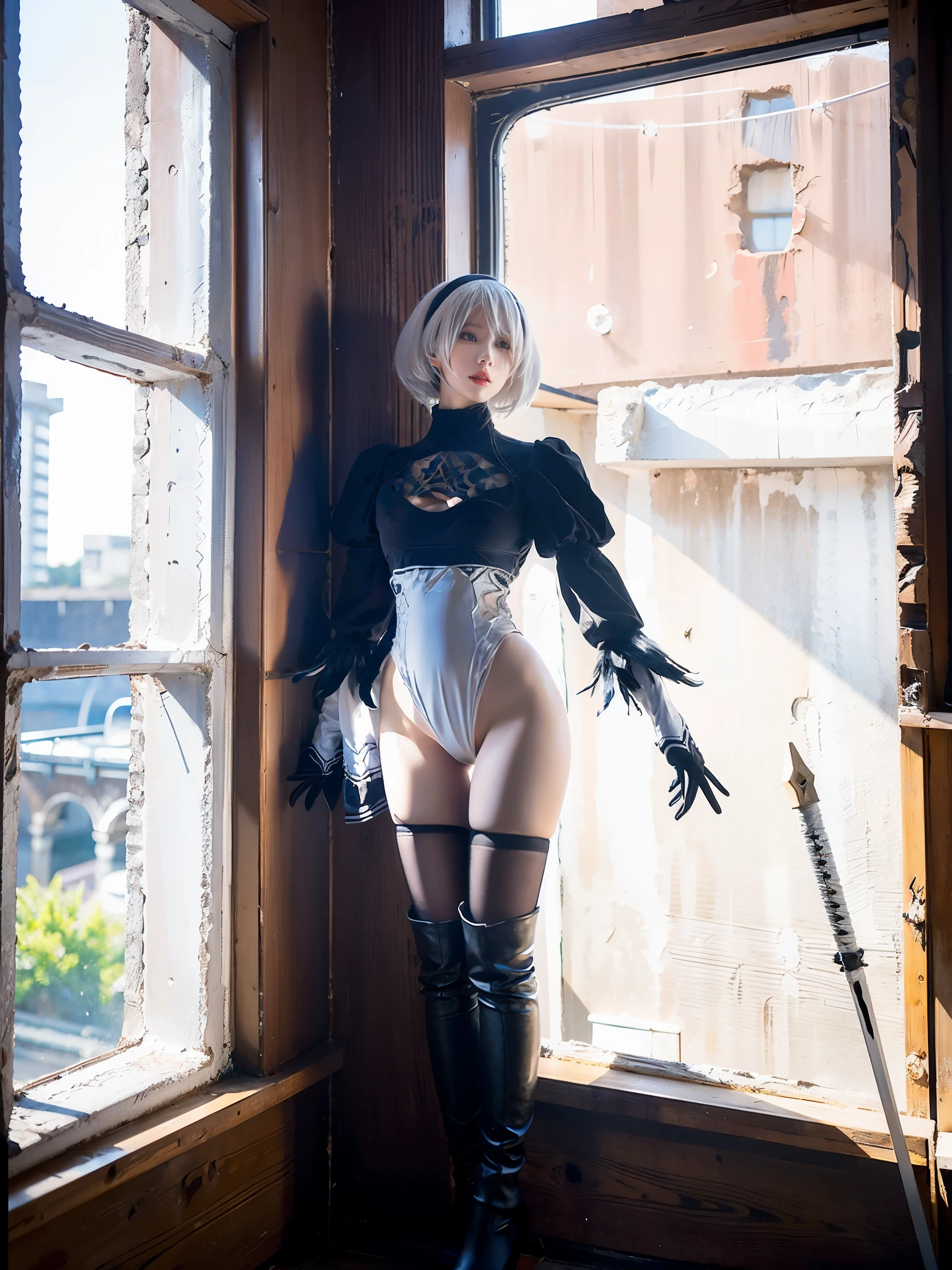 nier:Beautiful cosplay of 2B from Automata、A woman cosplaying as 2B、White skin、tall、21 years old、Englishman、nier:2B&#39;s black costume from Automata、Light background、Fantasyな教会を背景に、Standing tall in the middle of the church、Shooting from a diagonal angle、masterpiece、highest quality、high resolution、Fantasy、Glare、Anime Cosplay Makeup、Real Cosplay Photo、Cool photos、Full body portrait、handsome pose、Wrapped in the pale glow of the morning sun、like、happiness、Kindness