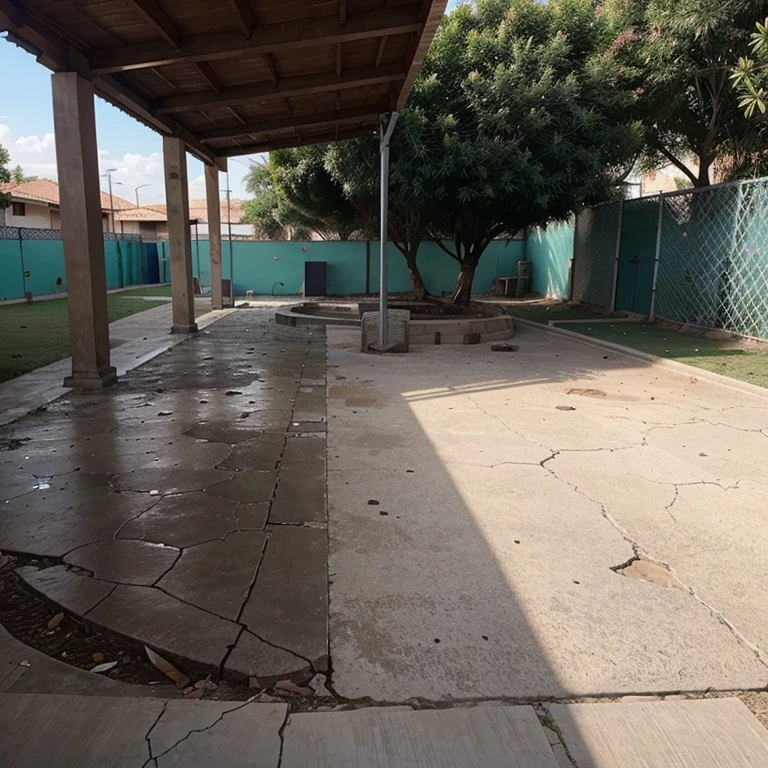 Un patio de colegio con una gran reja negra para la seguridad de los estudiantes ,with a cracked floor and a small bush