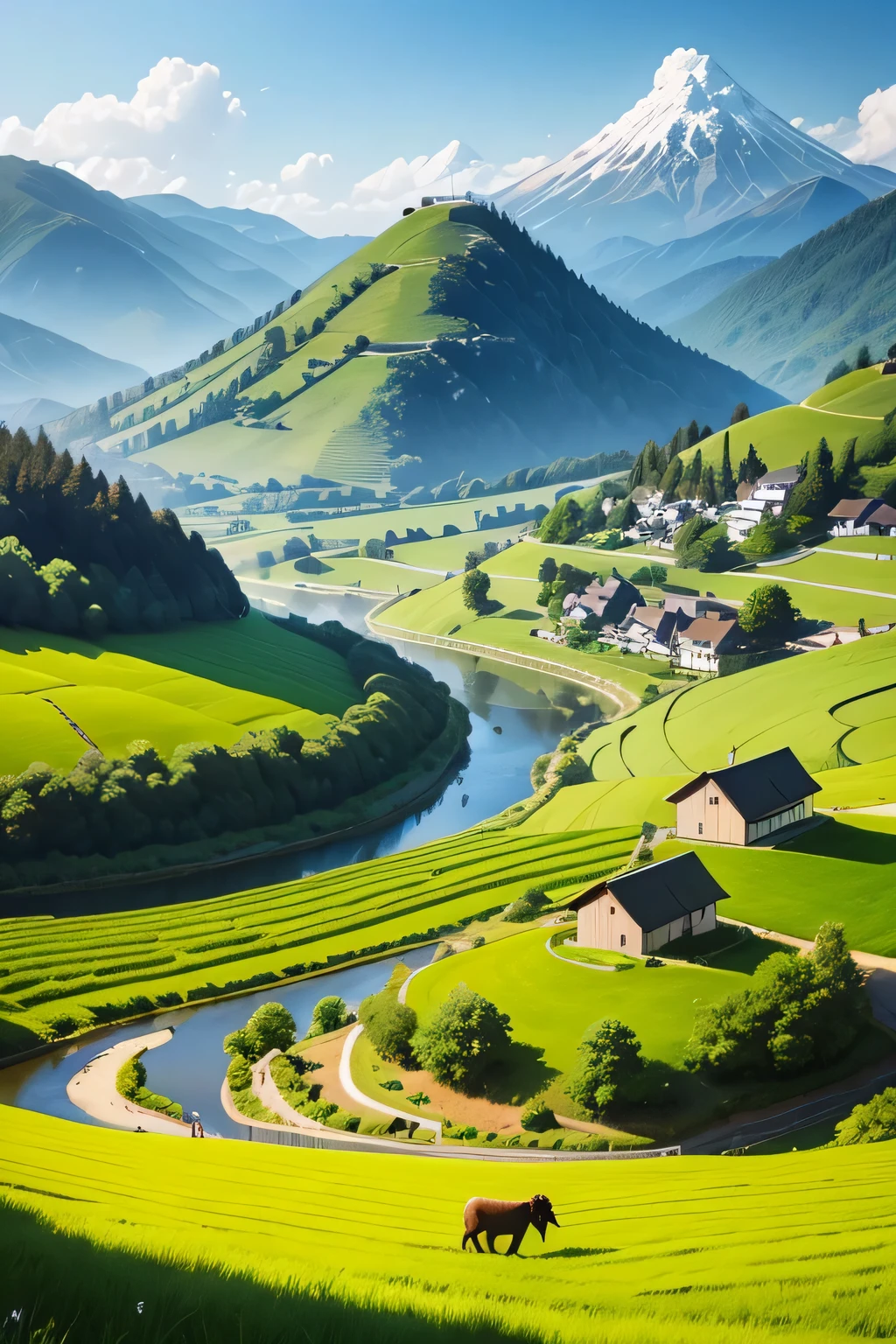 Peaceful and idyllic countryside, Rolling green hills dotted with grazing sheep, Charming farmhouse,Surround yourself with vibrant flowers, clear blue sky overhead, evoke a feeling of calm and simplicity, artwork, oil on canvas, --with 3:2--5, Charming valley, Switzerland, Green fields, Lush countryside, Lush valley, countryside in japan, Chinese Village, author:Franz Elgi, Green fields, Above the village, green fields, paddy, rolling green hills, rural japan, nepal, green valley below, Japanese Village