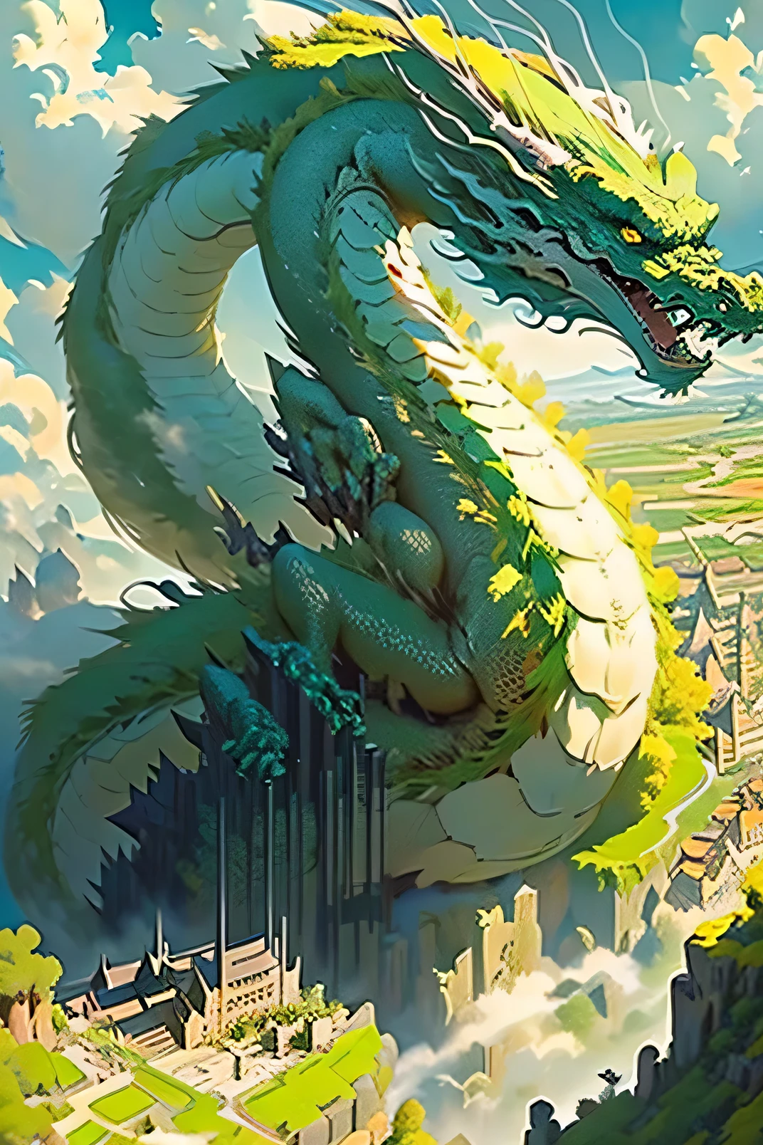 1dragon, flying through the air, (long dragon), (oriental dragon), fantasy art, green dragon, giant dragon, portrait, above a medieval town, seen from a cliff, clouds around