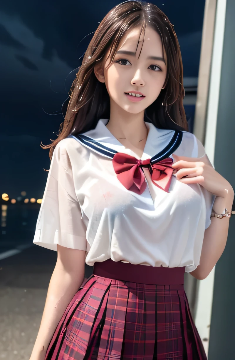 (masterpiece, highest quality:1.2), 8K, official art, RAW photo, incredibly absurd, (whole body, sailor suit:1.4), beautiful girl, 18-year-old、cute face, arch back, navy pleated skirt, close, , short sleeve, (japanese high with sailor collar:1.6), sailor uniform, red scarf, white shirt, (pleated check skirt:1.2), looking at the viewer, film grain, chromatic aberration, sharp focus, face light, dynamic lighting, cinematic lighting, detailed eyes and face, background bokeh, (1 dark red bow tie:1.2)、(dark sky:1.5)、one girl、blush、smile shyly, round big eyes, look at the viewer、(large breasts:1.2)、wet hair、shiny hair、wet face、wet skin、wet body、wet costume、Depth of bounds written、Pointy red mouth、red mouth,clavicle、beautiful fingers、Loosen your tie、cute wet face、(Wet clothes that stick to your chest:1.4)、(Wet and see-through clothes:1.4)、short hairstyle