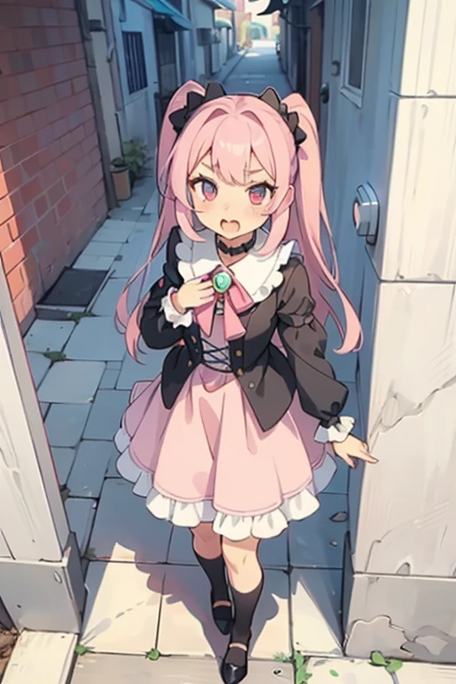 walking down the street and looking into an alley,
and in the background in the distance you can see a girl with pink hair, long double-tailed hairstyle ((small bushy pink eyebrows)), dressed in lolita clothes, marked vagina, lolicon drawing style (Zankuro) by the zankuro artist, Zancro style, image uploaded in R34, sucking penis in an alley, deep throat, cum bubbling out of her mouth,