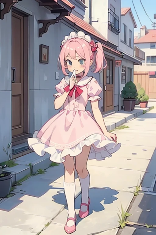 walking down the street and looking into an alley,
and in the background in the distance you can see a girl with pink hair, long double-tailed hairstyle ((small bushy pink eyebrows)), dressed in lolita clothes, marked vagina, lolicon drawing style (Zankuro) by the zankuro artist, Zancro style, image uploaded in R34, sucking penis in an alley, deep throat, cum bubbling out of her mouth,