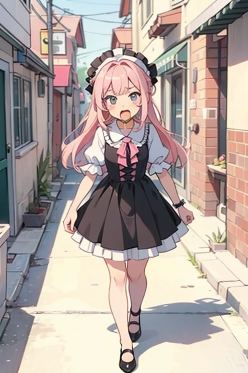 walking down the street and looking into an alley,
and in the background in the distance you can see a girl with pink hair, long double-tailed hairstyle ((small bushy pink eyebrows)), dressed in lolita clothes, marked vagina, lolicon drawing style (Zankuro) by the zankuro artist, Zancro style, image uploaded in R34, sucking penis in an alley, deep throat, cum bubbling out of her mouth,