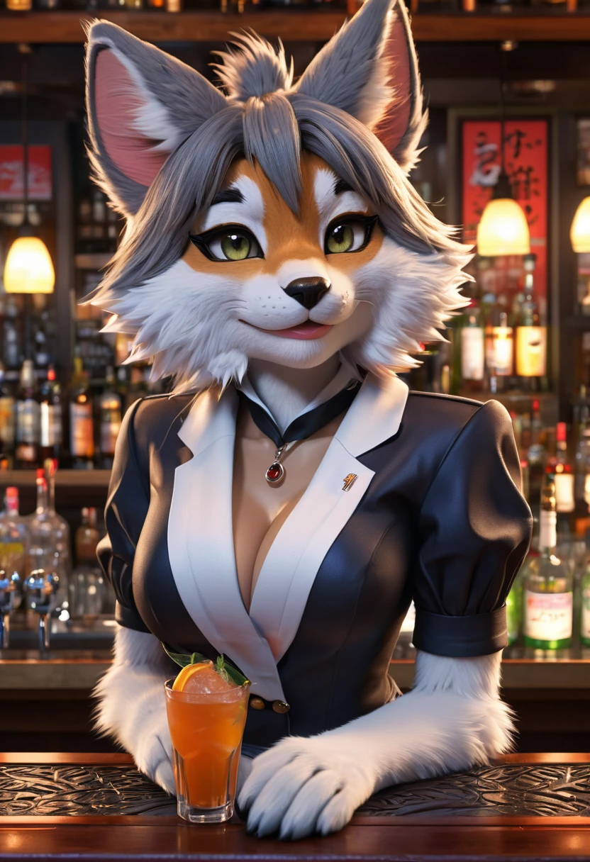 top quality, best quality, High-quality illustrations, masterpiece, super high resolution, detailed background, female leopard bartender, (kemono, furry anthro), white shirt, red bow tie, white panties, bar, cocktail, absurdres(highly detailed beautiful face and eyes)perfect anatomy, expression, good lighting, cinematic shadow, assorted poses, dynamic angle,