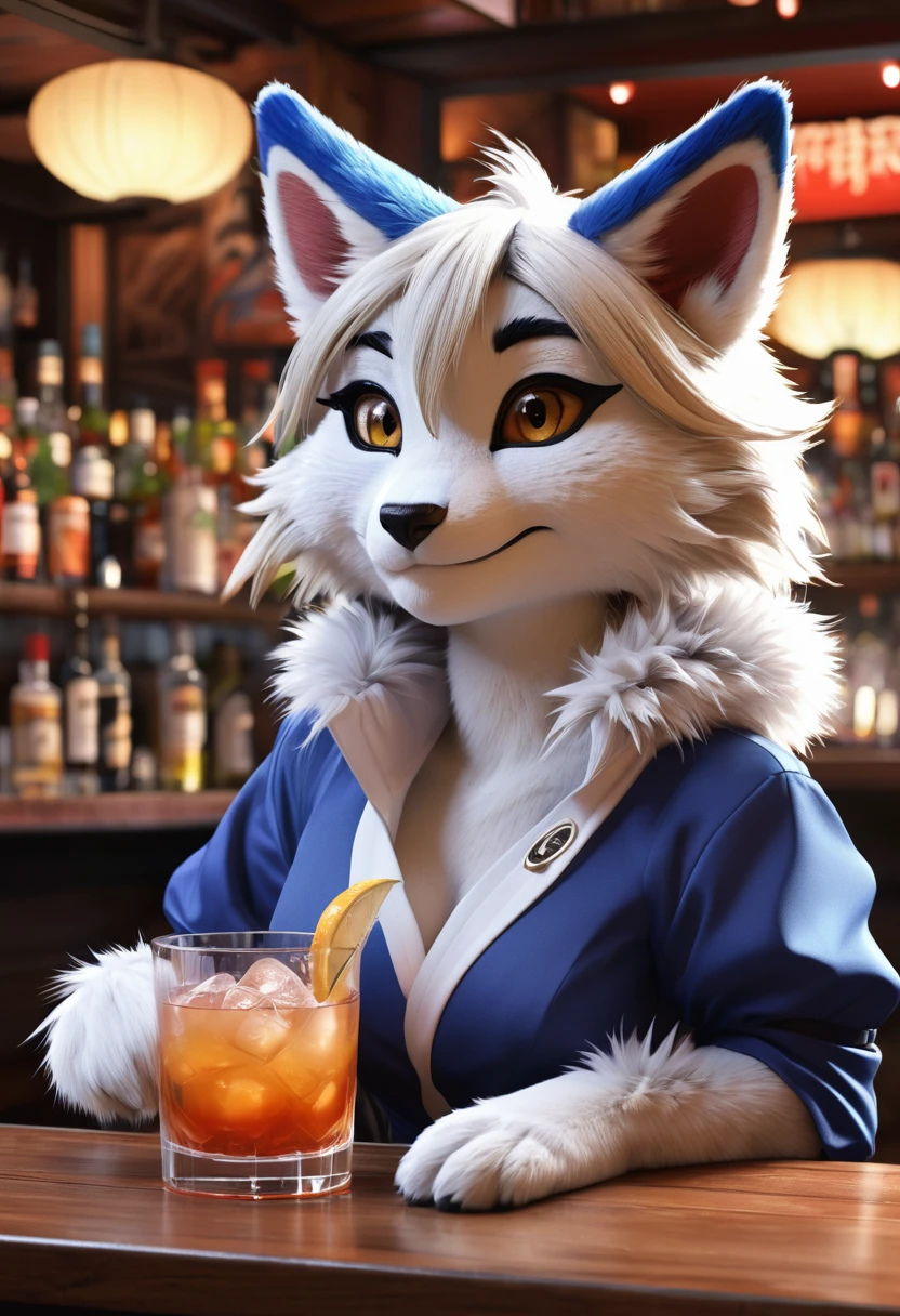top quality, best quality, High-quality illustrations, masterpiece, super high resolution, detailed background, female bartender, (kemono, furry anthro), medium breasts,  bar, cocktail, absurdres(highly detailed beautiful face and eyes)perfect anatomy, expression, good lighting, cinematic shadow, assorted poses, dynamic angle,