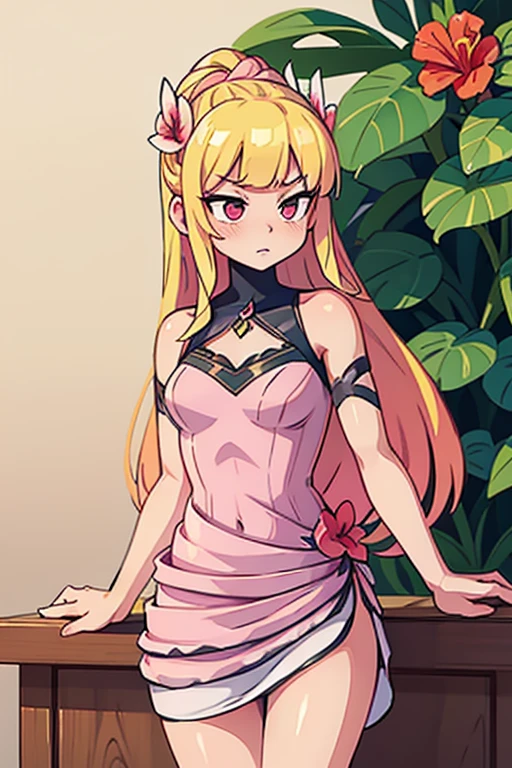 a pink woman with long blonde hair wearing a short hibiscus dress with 1 flower in her hair hot sexy