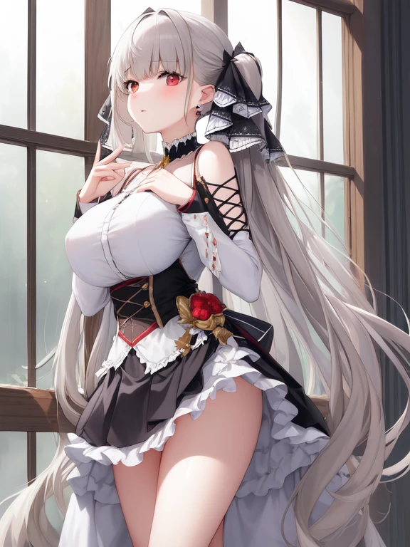 (masterpiece, Best quality1.2),illustration,8k,HD,1 Girl,Solitary,hands up,(portrait:1.2),long_hair,Large target_breast,Red_Eye,Very_long_hair,Bangs,Double tail,ribbon,grey_hair,cleveage,hair_ribbon,Two-color_ribbon,between_breast,Black_skirt,skirt,decorate,only_Shoulder,Frilly_skirt,long_sleeve,Two-color_skirt,jewelry,earrings,no windows