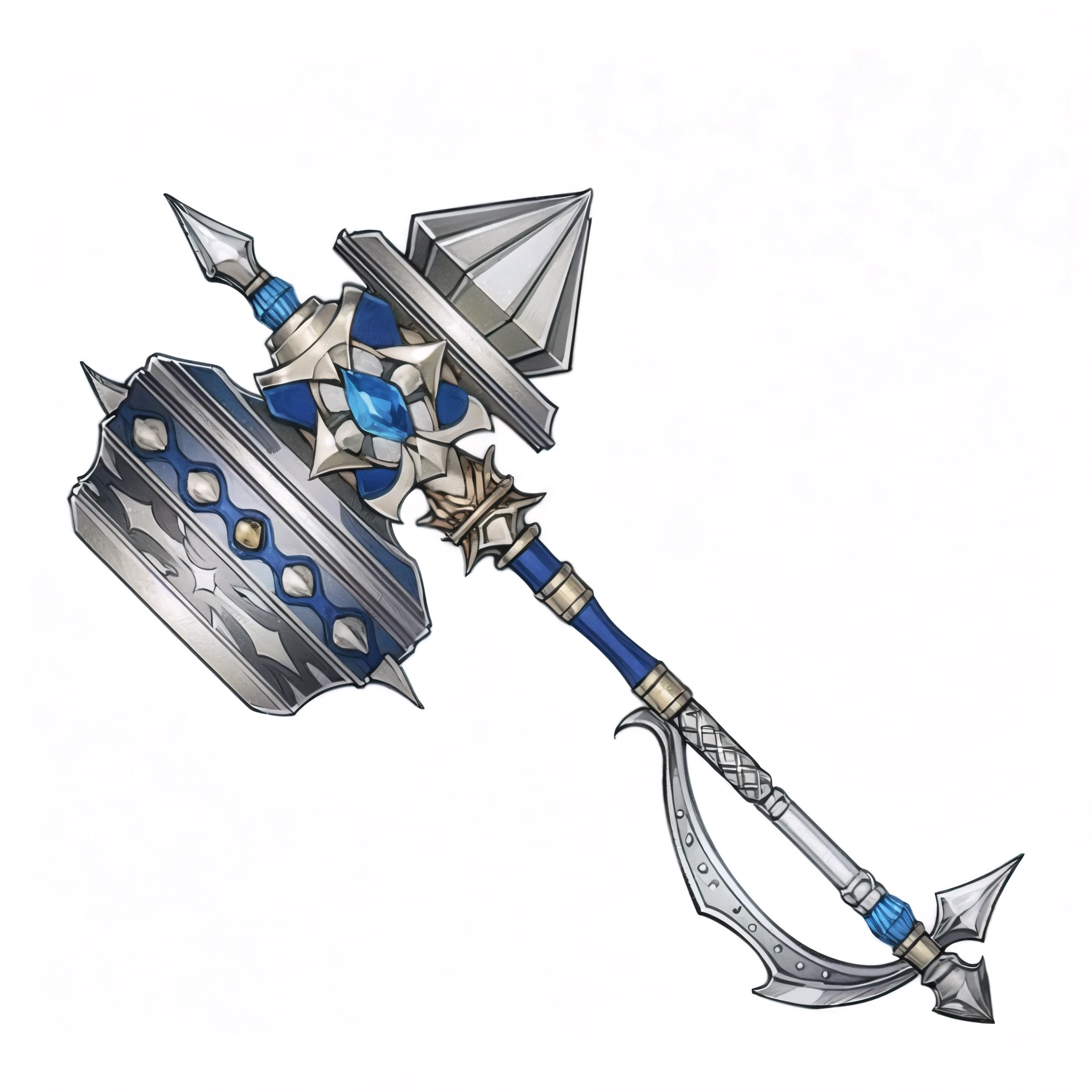 There is a big metal hammer,The hammer handle is blue, World of Warcraft Blizzard Weapon Art, hammer weapon, Fantasy weapons, dwarven weapons, Fantasy RPG Weapon Art, halberd, Tomahawk, epic Fantasy weapons art, Sword weapons, Scepter, Intricate Fantasy Spear, metallic Scepter, Role Playing Game Items, brandishing halberd, Leviathan Axe